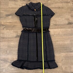 Tory Burch Chocolate Brown Wool Tweed Midi Dress with Velvet Size 8